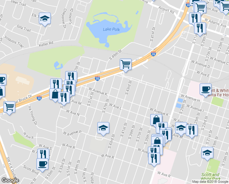 map of restaurants, bars, coffee shops, grocery stores, and more near 2311 West Avenue East in Temple