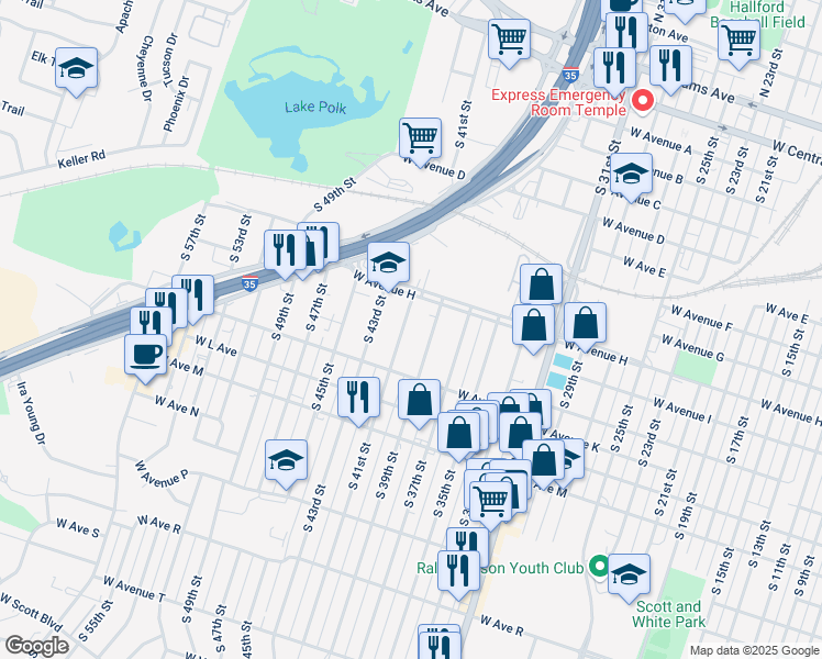 map of restaurants, bars, coffee shops, grocery stores, and more near 907 S 41st St in Temple