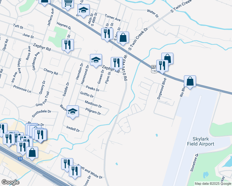 map of restaurants, bars, coffee shops, grocery stores, and more near 1505 Martin Luther King Junior Boulevard in Killeen