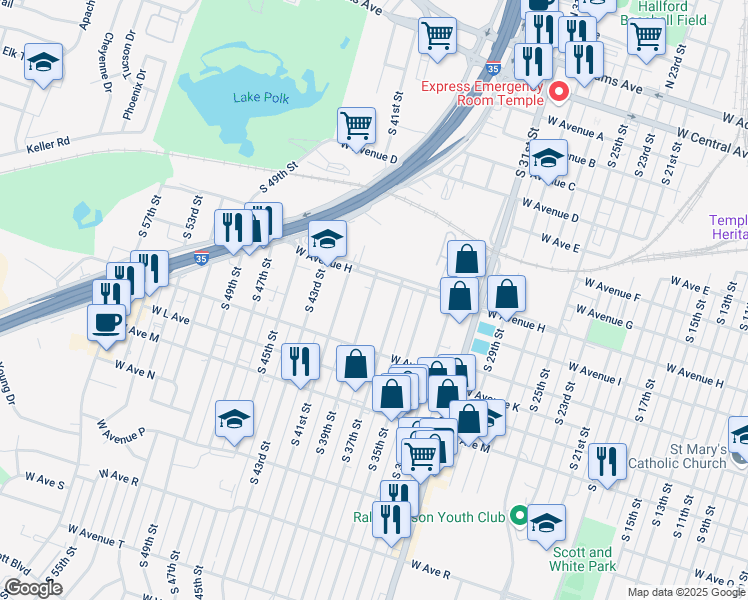 map of restaurants, bars, coffee shops, grocery stores, and more near 811 South 39th Street in Temple