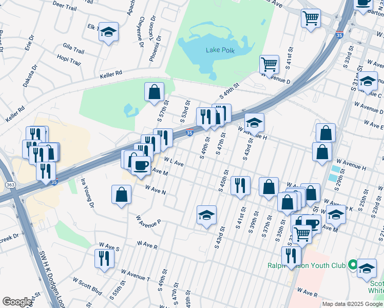 map of restaurants, bars, coffee shops, grocery stores, and more near 1101 South 51st Street in Temple