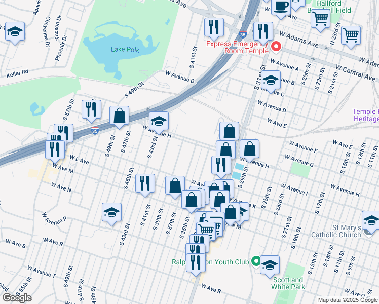 map of restaurants, bars, coffee shops, grocery stores, and more near 811 South 39th Street in Temple