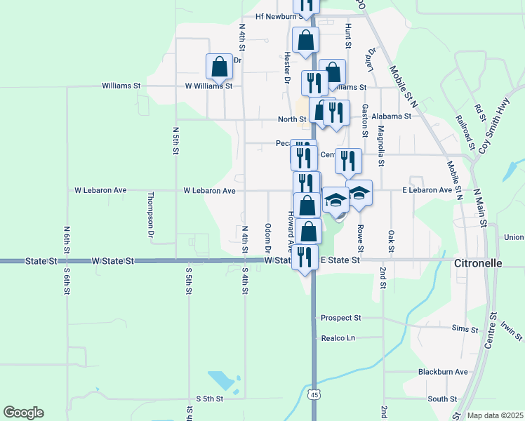 map of restaurants, bars, coffee shops, grocery stores, and more near 19290 Odom Dr in Citronelle