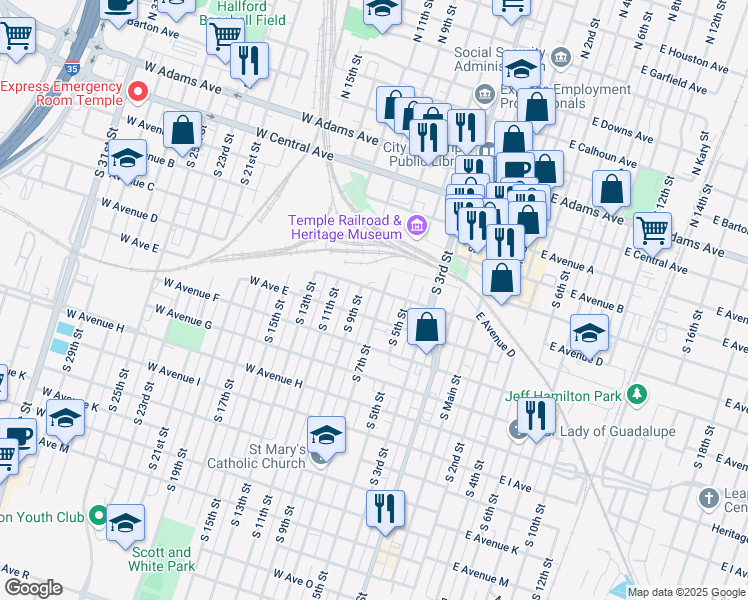 map of restaurants, bars, coffee shops, grocery stores, and more near 408 South 7th Street in Temple