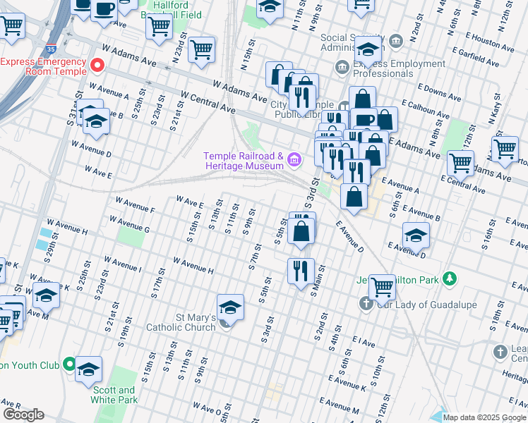 map of restaurants, bars, coffee shops, grocery stores, and more near 408 South 7th Street in Temple