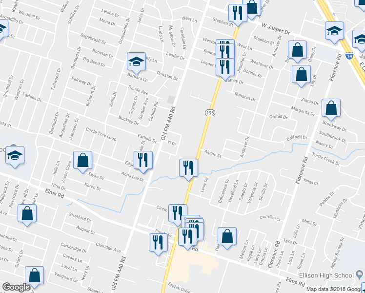 map of restaurants, bars, coffee shops, grocery stores, and more near 3110 Baldwin Loop in Killeen