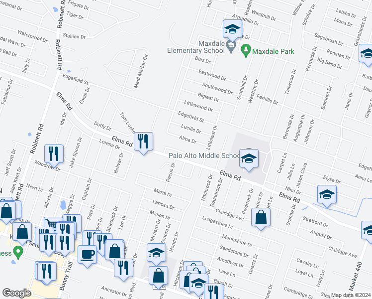 map of restaurants, bars, coffee shops, grocery stores, and more near 2608 Alma Drive in Killeen