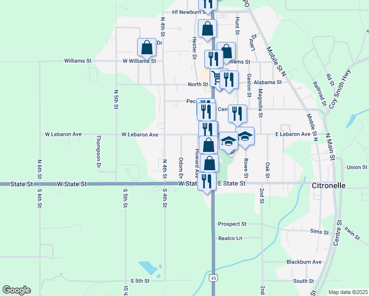 map of restaurants, bars, coffee shops, grocery stores, and more near 19290 Odom Drive in Citronelle