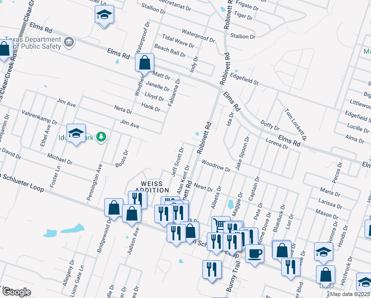 map of restaurants, bars, coffee shops, grocery stores, and more near 4102 Jeff Scott Drive in Killeen