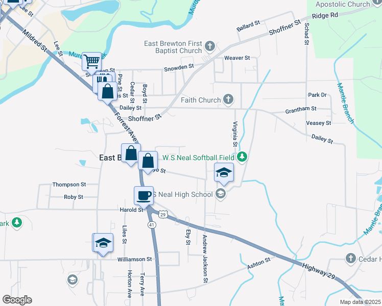 map of restaurants, bars, coffee shops, grocery stores, and more near 737 Brandenburg Street in Brewton