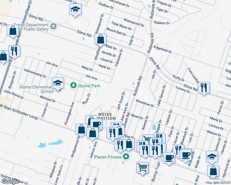 map of restaurants, bars, coffee shops, grocery stores, and more near 4004 Eula Bea Court in Killeen