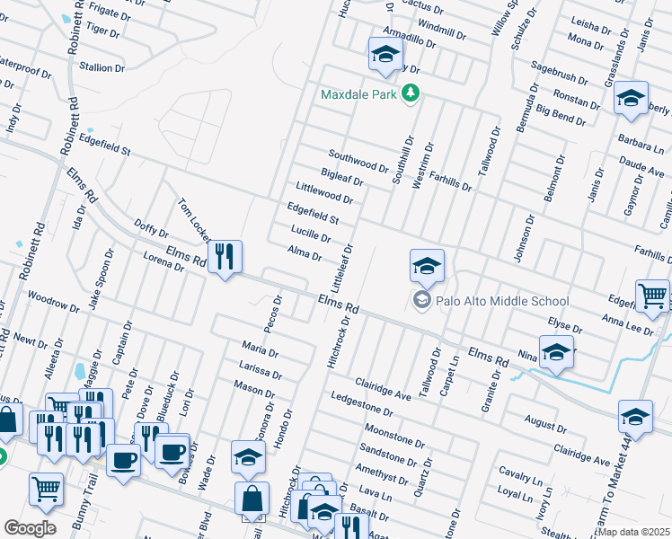 map of restaurants, bars, coffee shops, grocery stores, and more near 2600 Alma Drive in Killeen
