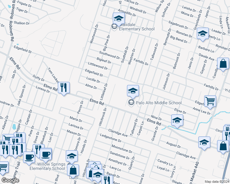 map of restaurants, bars, coffee shops, grocery stores, and more near 3602 Dustin Court in Killeen