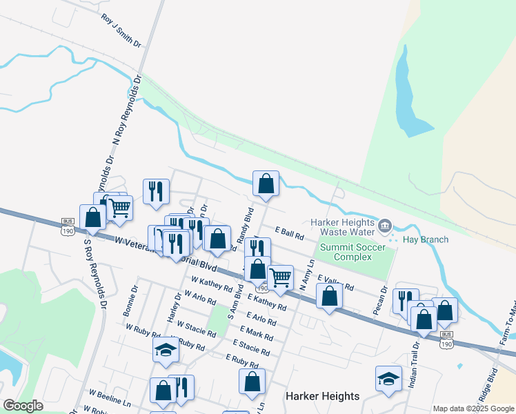map of restaurants, bars, coffee shops, grocery stores, and more near 408 North Ann Boulevard in Harker Heights