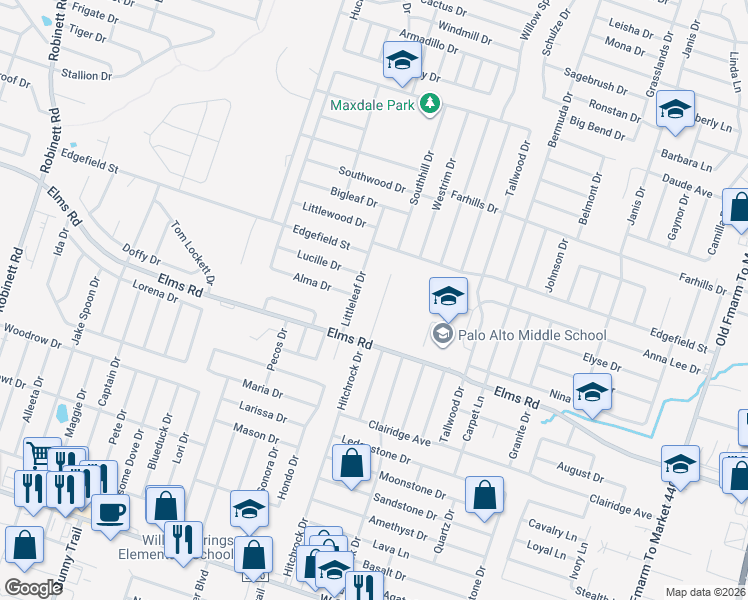 map of restaurants, bars, coffee shops, grocery stores, and more near 3604 Littleleaf Drive in Killeen