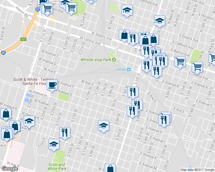 map of restaurants, bars, coffee shops, grocery stores, and more near 413 South 11th Street in Temple
