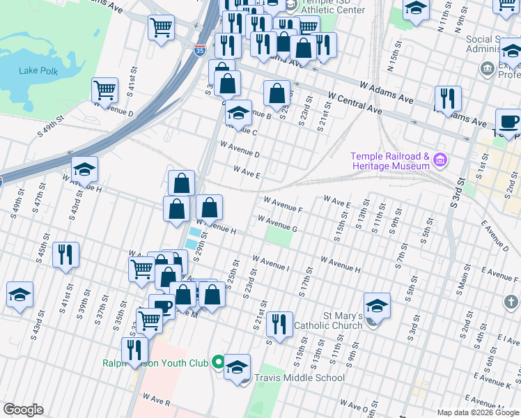 map of restaurants, bars, coffee shops, grocery stores, and more near 1210 West G Avenue in Temple