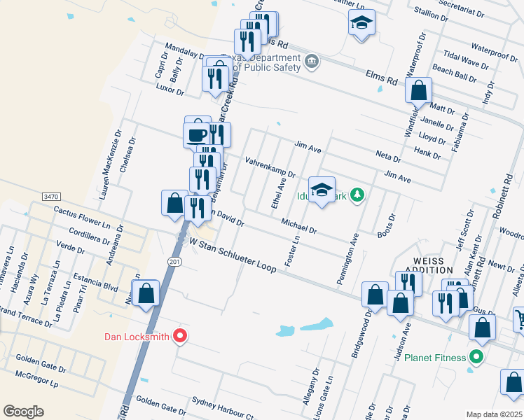 map of restaurants, bars, coffee shops, grocery stores, and more near 4410 Adolph Avenue in Killeen
