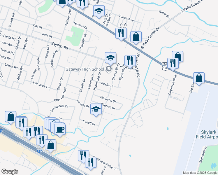 map of restaurants, bars, coffee shops, grocery stores, and more near 3804 Peaks Drive in Killeen