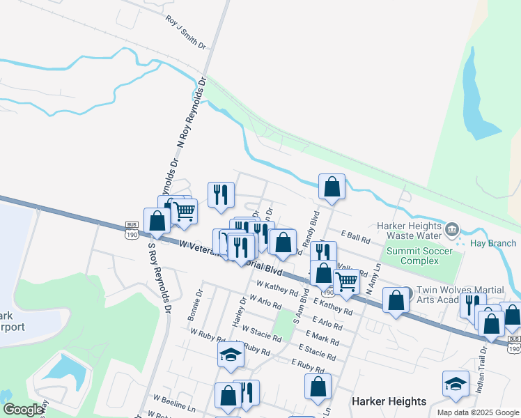 map of restaurants, bars, coffee shops, grocery stores, and more near 201 North Mary Jo Drive in Harker Heights