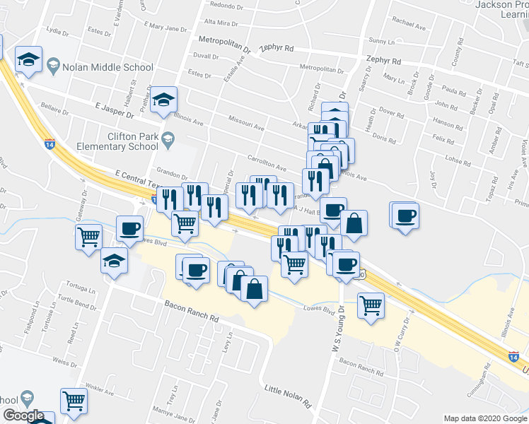 map of restaurants, bars, coffee shops, grocery stores, and more near 1701 East Central Texas Expressway in Killeen