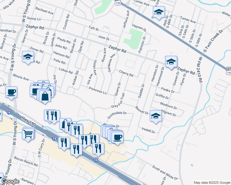 map of restaurants, bars, coffee shops, grocery stores, and more near 1615 Quarry Drive in Killeen