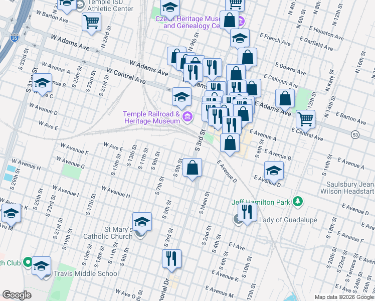 map of restaurants, bars, coffee shops, grocery stores, and more near 315 South 5th Street in Temple