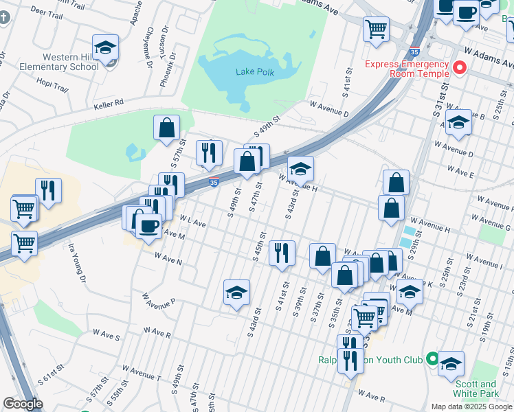 map of restaurants, bars, coffee shops, grocery stores, and more near 1001 South 47th Street in Temple