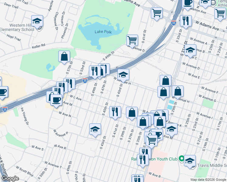 map of restaurants, bars, coffee shops, grocery stores, and more near 912 South 43rd Street in Temple
