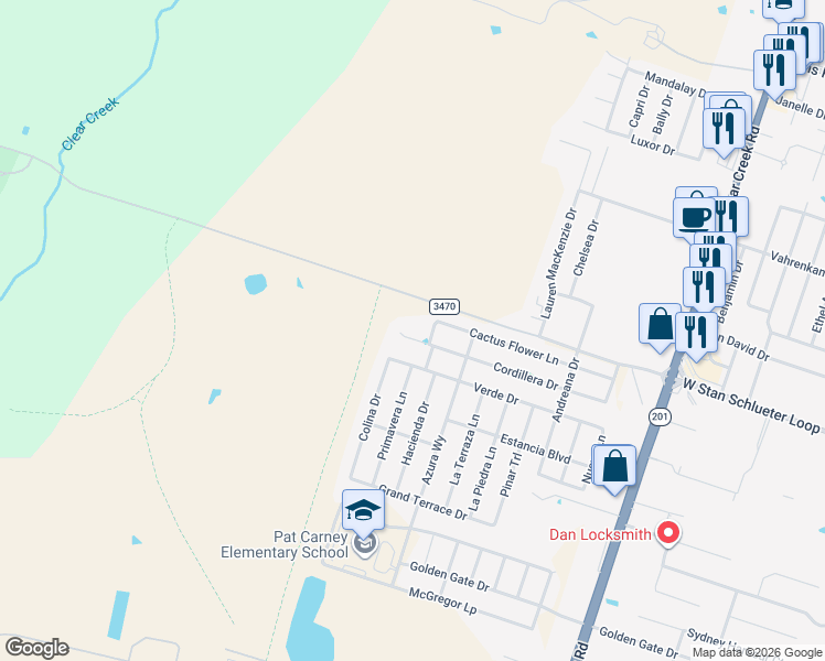 map of restaurants, bars, coffee shops, grocery stores, and more near 6308 Cordillera Drive in Killeen