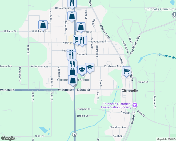 map of restaurants, bars, coffee shops, grocery stores, and more near 19325 Rowe Street in Citronelle