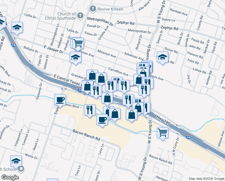 map of restaurants, bars, coffee shops, grocery stores, and more near 1701 East Central Texas Expressway in Killeen