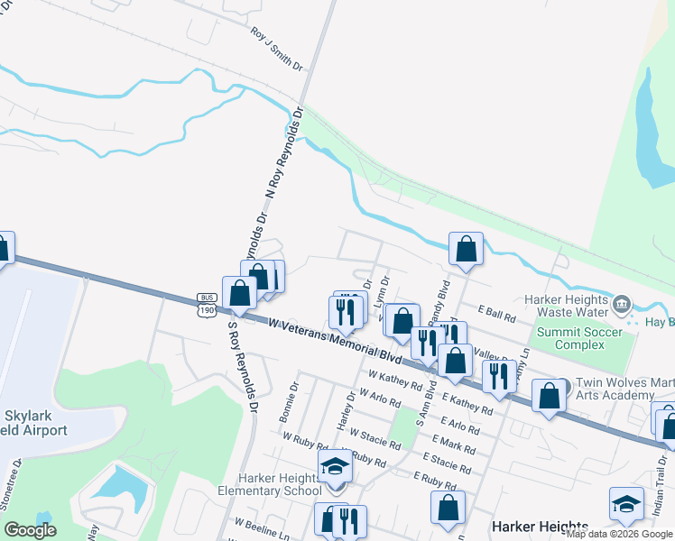 map of restaurants, bars, coffee shops, grocery stores, and more near 301 West Veterans Memorial Boulevard in Harker Heights