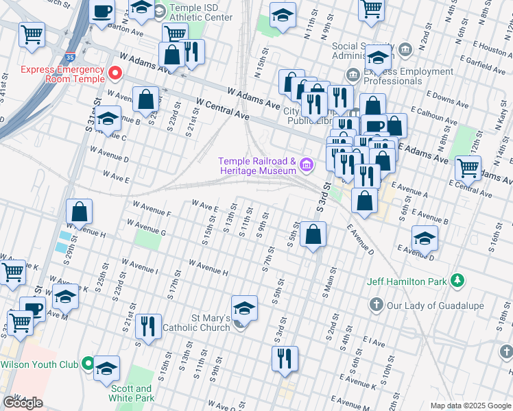 map of restaurants, bars, coffee shops, grocery stores, and more near 413 South 11th Street in Temple