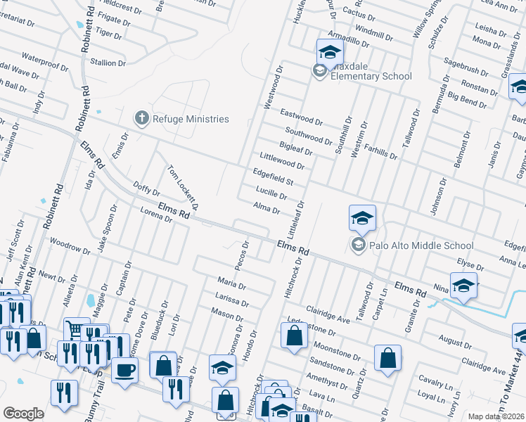 map of restaurants, bars, coffee shops, grocery stores, and more near 2706 Alma Drive in Killeen