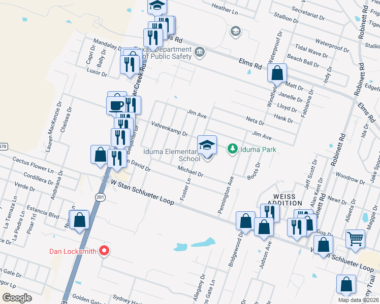 map of restaurants, bars, coffee shops, grocery stores, and more near 4400 Foster Lane in Killeen