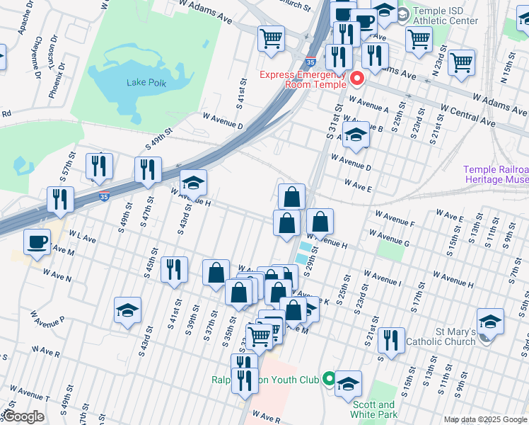 map of restaurants, bars, coffee shops, grocery stores, and more near 803 South 37th Street in Temple