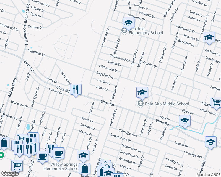 map of restaurants, bars, coffee shops, grocery stores, and more near 2605 Alma Drive in Killeen
