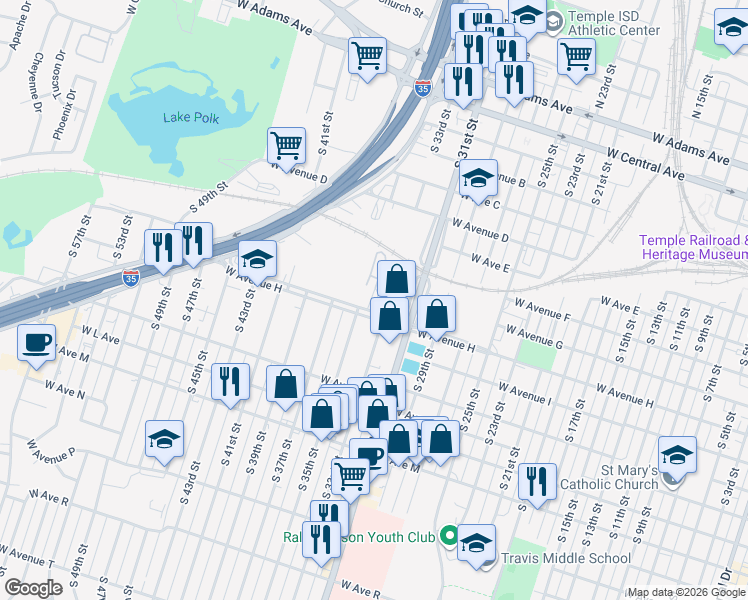 map of restaurants, bars, coffee shops, grocery stores, and more near 802 South 33rd Street in Temple
