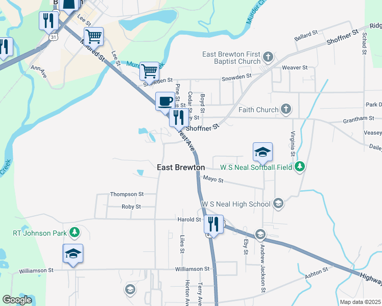 map of restaurants, bars, coffee shops, grocery stores, and more near 600-698 Forrest Avenue in East Brewton