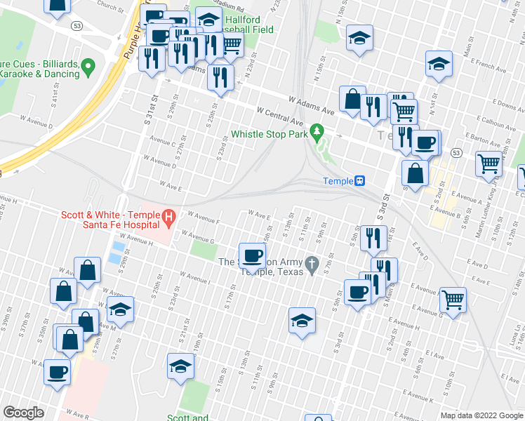 map of restaurants, bars, coffee shops, grocery stores, and more near 816 W Ave East in Temple
