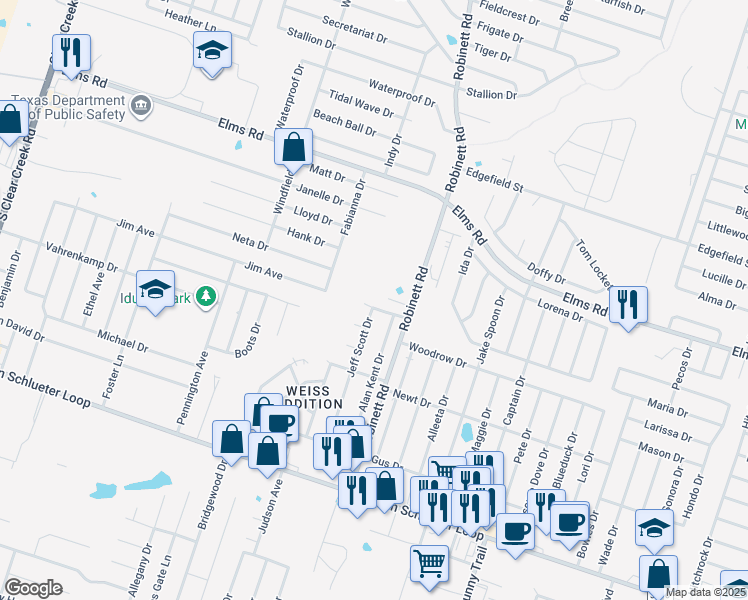 map of restaurants, bars, coffee shops, grocery stores, and more near 4101 Robinett Road in Killeen