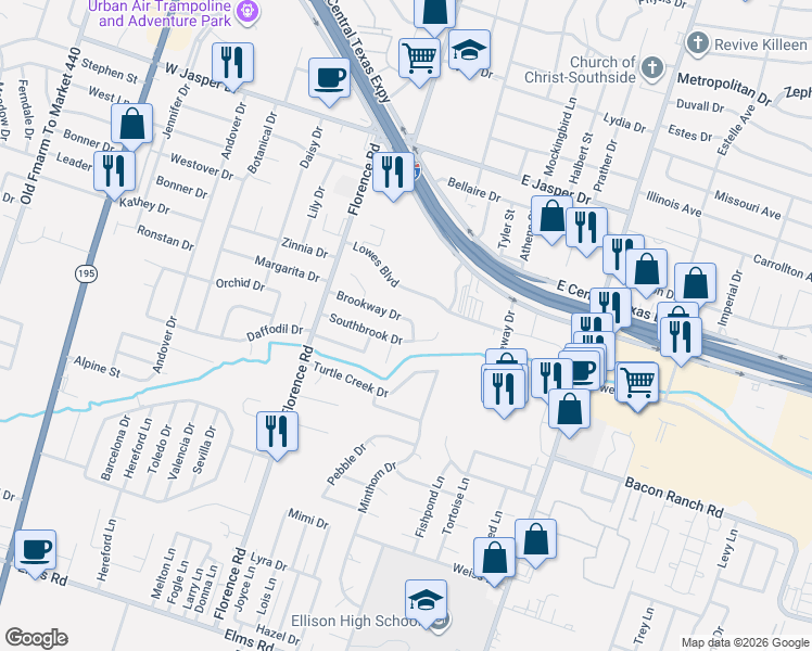 map of restaurants, bars, coffee shops, grocery stores, and more near 306 Lowes Boulevard in Killeen
