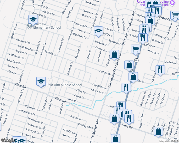 map of restaurants, bars, coffee shops, grocery stores, and more near 1303 Farhills Drive in Killeen