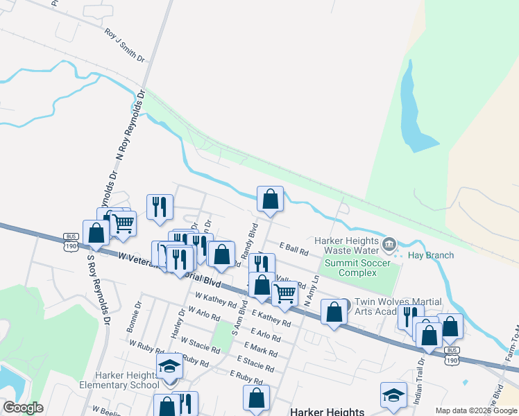 map of restaurants, bars, coffee shops, grocery stores, and more near 502 North Ann Boulevard in Harker Heights