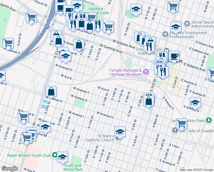 map of restaurants, bars, coffee shops, grocery stores, and more near 816 West Avenue East in Temple