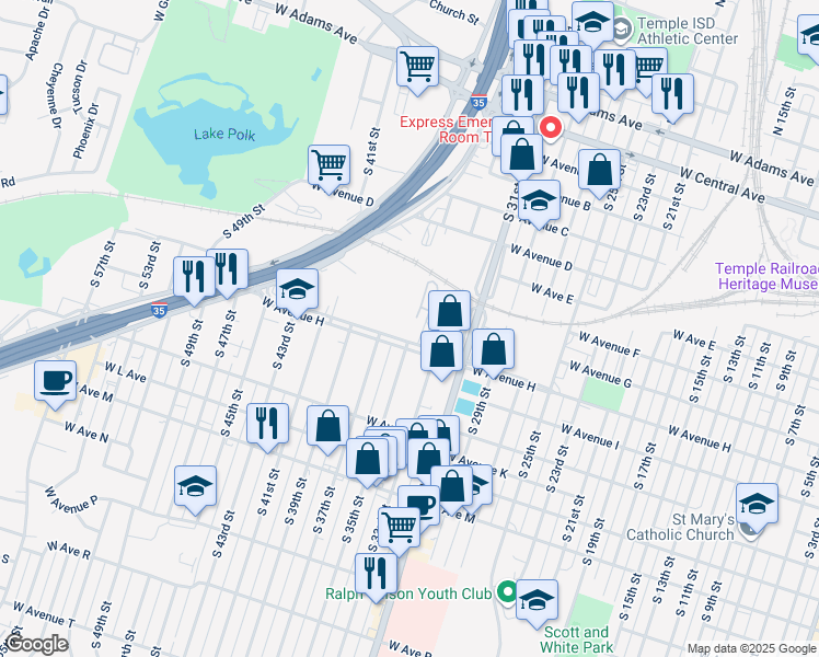 map of restaurants, bars, coffee shops, grocery stores, and more near 1618 West Avenue H in Temple