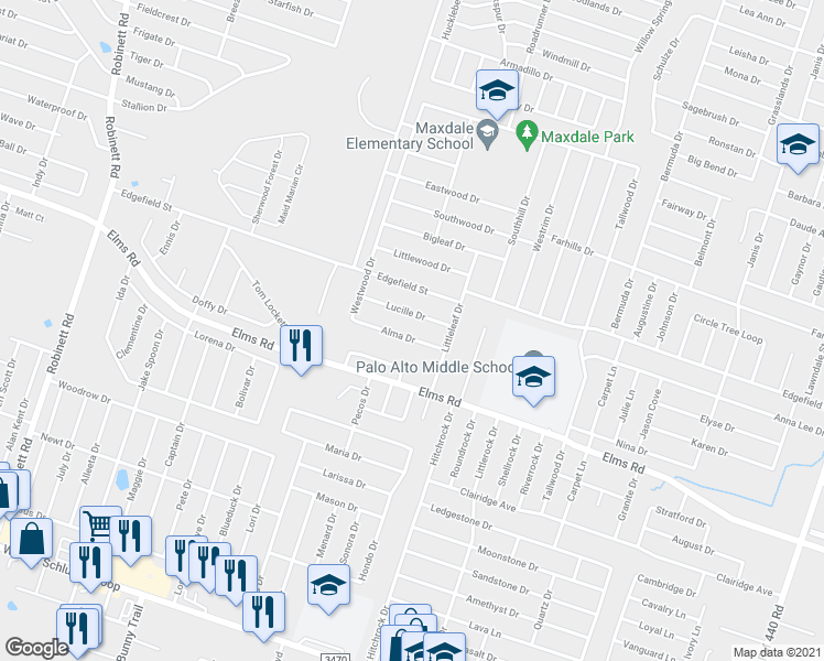 map of restaurants, bars, coffee shops, grocery stores, and more near 2703 Lucille Drive in Killeen