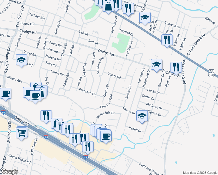 map of restaurants, bars, coffee shops, grocery stores, and more near 1510 Quarry Drive in Killeen