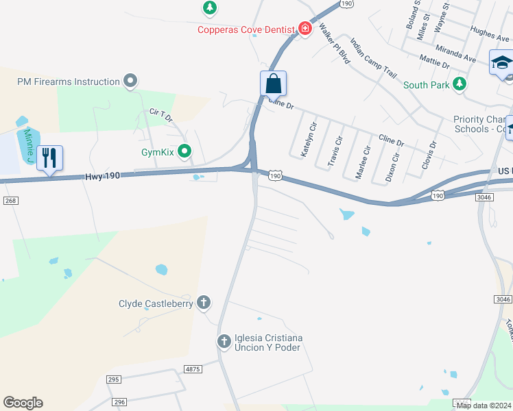 map of restaurants, bars, coffee shops, grocery stores, and more near 101 Lazy Lane in Copperas Cove